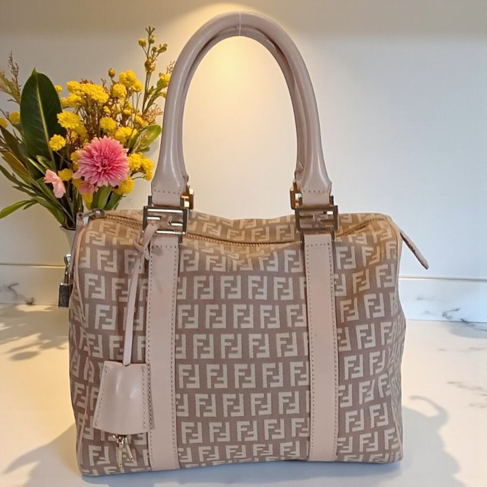 Authentic Fendi Zucchino Mini Pink Boston Logo Handbag Pre-owned MSRP $1995